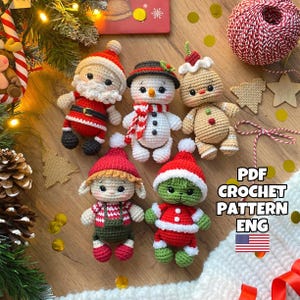 Crochet christmas tree decorations toys set 5 in 1 pattern crochet PDF in Eng Santa Claus snowman gingerbread elf crochet green villain
